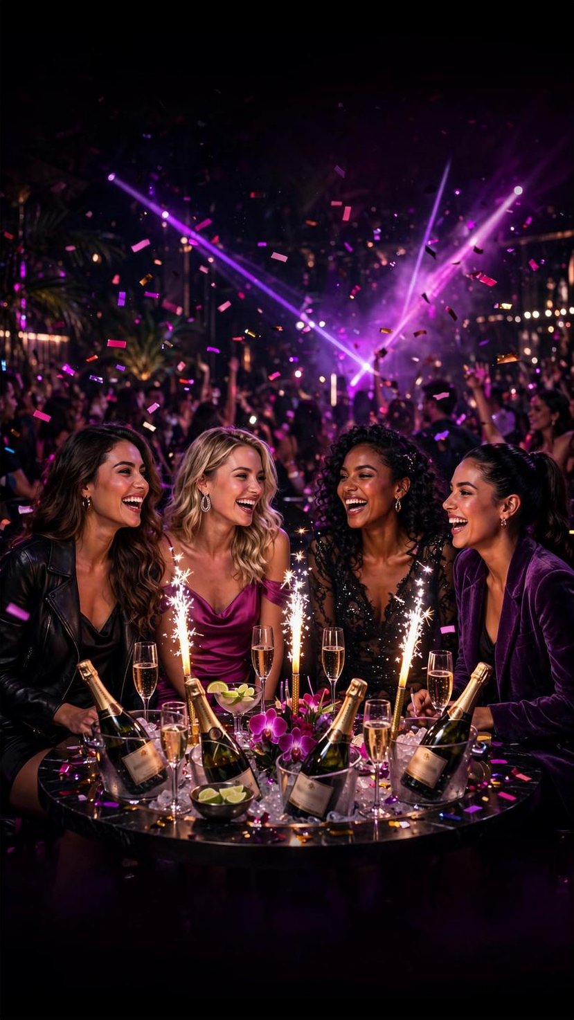 Friends celebrating at a table with champagne and sparklers