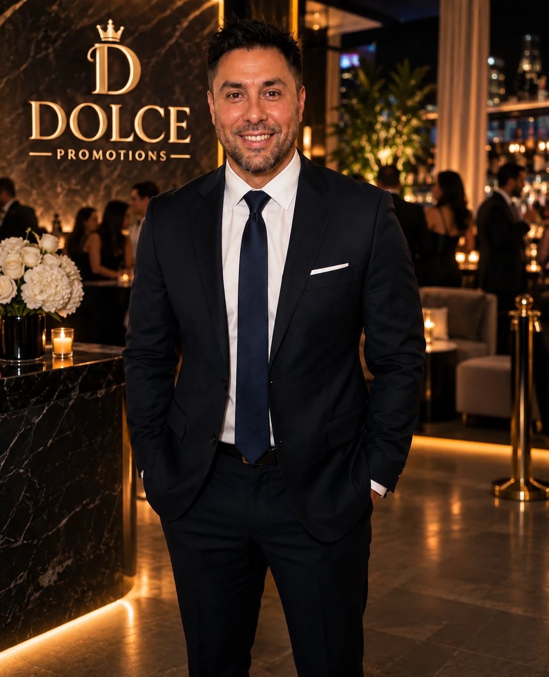Chris Dolce in a dark suit in front of the Dolce Promotions sign