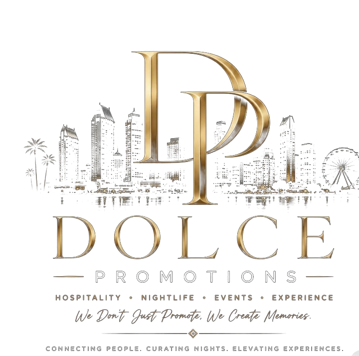 Dolce Promotions logo: gold DP monogram over the San Diego skyline. Hospitality, nightlife, events, experience.